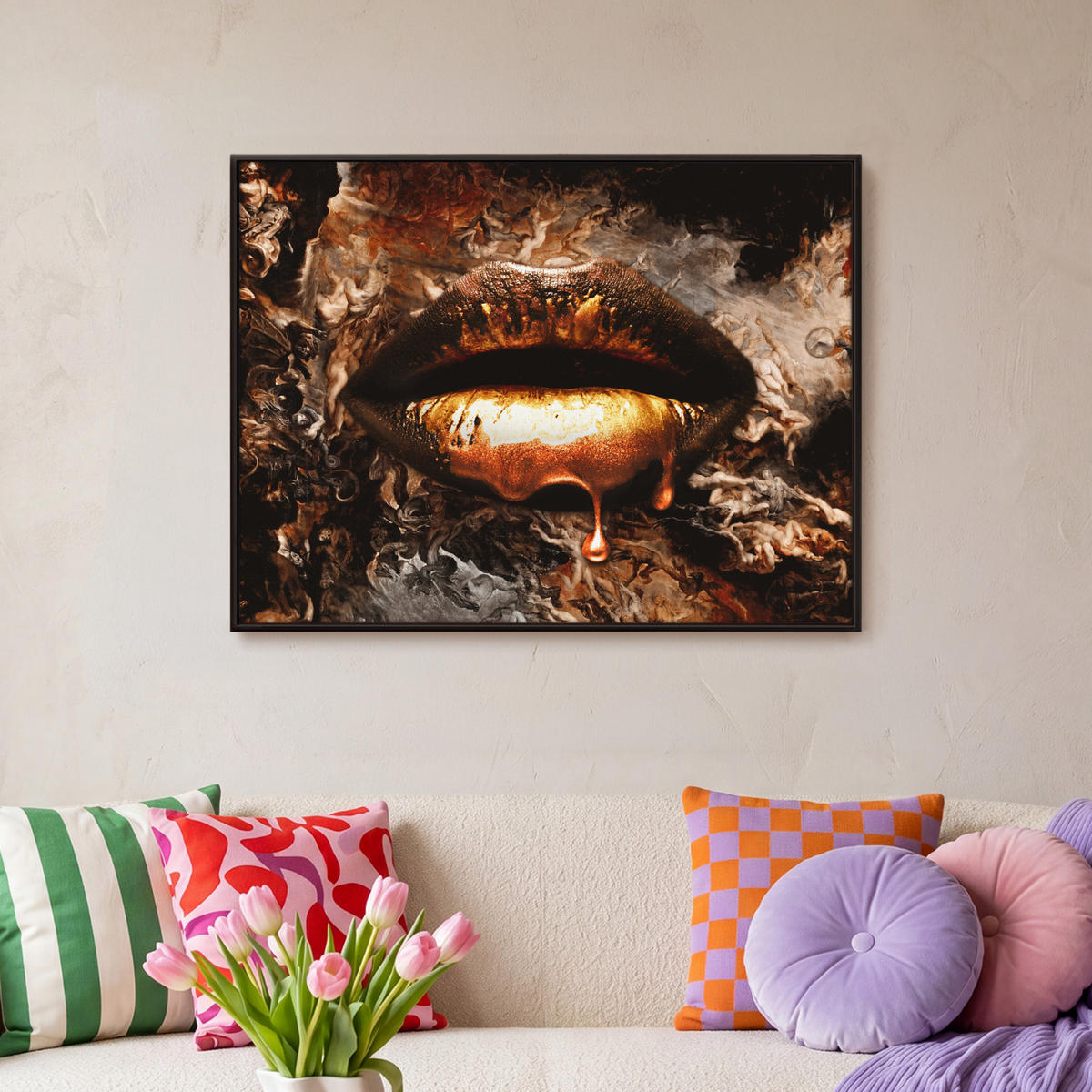 LEINWAND Bilder mit Rahmen - Gold - Lippen - Kunst - Gold - Luxus - Abstrakt - 80x60 - Kupferfarben, Textil (80/60cm) - MuchoWow