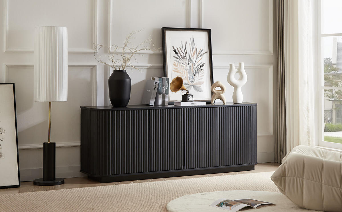 SIDEBOARD 162,5/38/61 cm in Schwarz mit 4 Türen & Wellenfront - Schwarz, Metall (162/61/38cm) - BEAOK