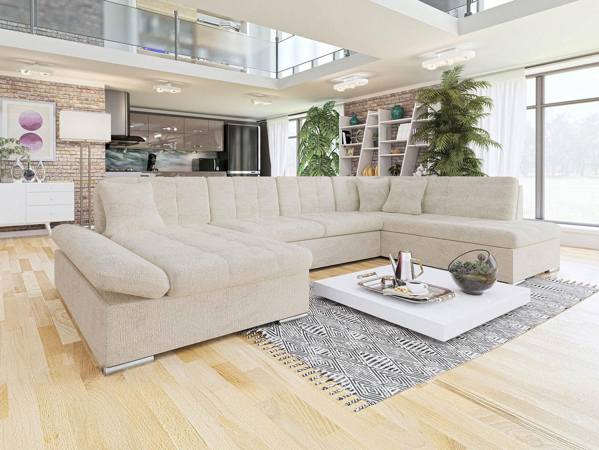 ECKSOFA Bergen Premium, Seite: Links - Silberfarben/Naturfarben, Holz/Textil (345/76/205cm) - MIRJAN24