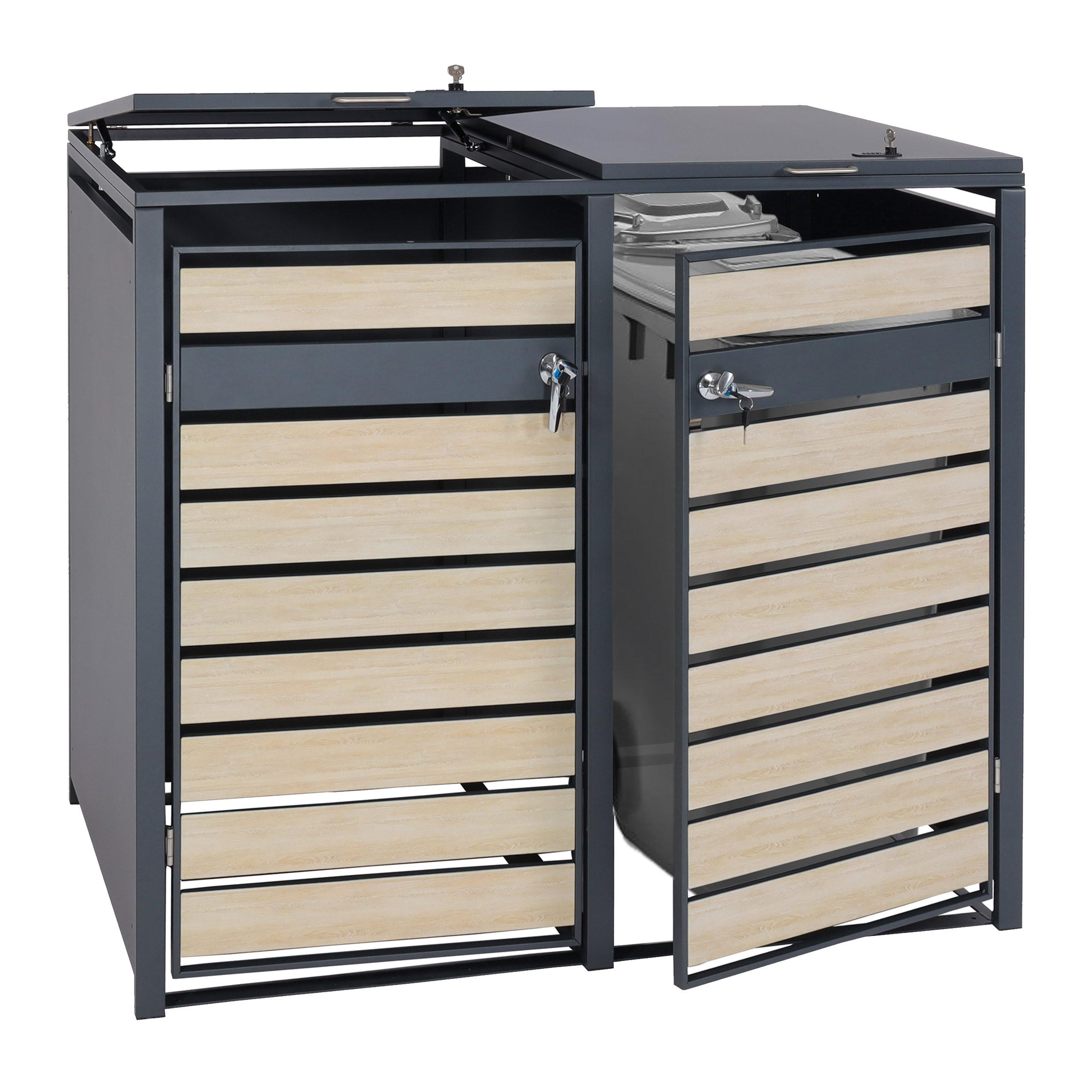 MÜLLTONNENBOX 2er XL 117x142x98cm Metall 59kg Anthrazit Buche-Holzoptik Hellbraun - Hellbraun, Metall (142/117/98cm) - PROREGAL