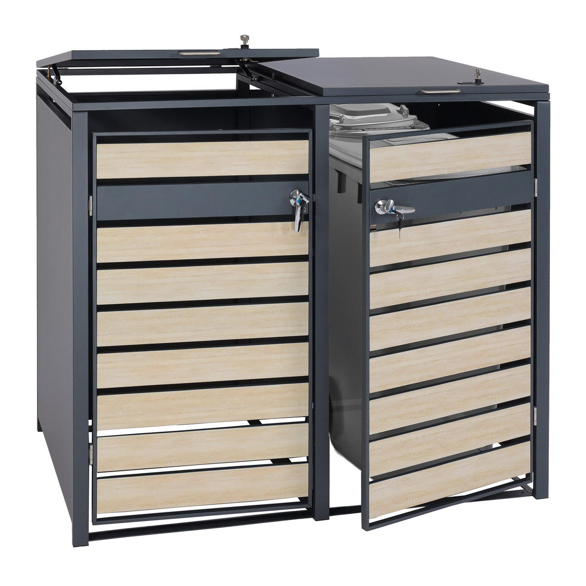 MÜLLTONNENBOX 2er XL 117x142x98cm Metall 59kg Anthrazit Buche-Holzoptik Hellbraun - Hellbraun, Metall (142/117/98cm) - PROREGAL