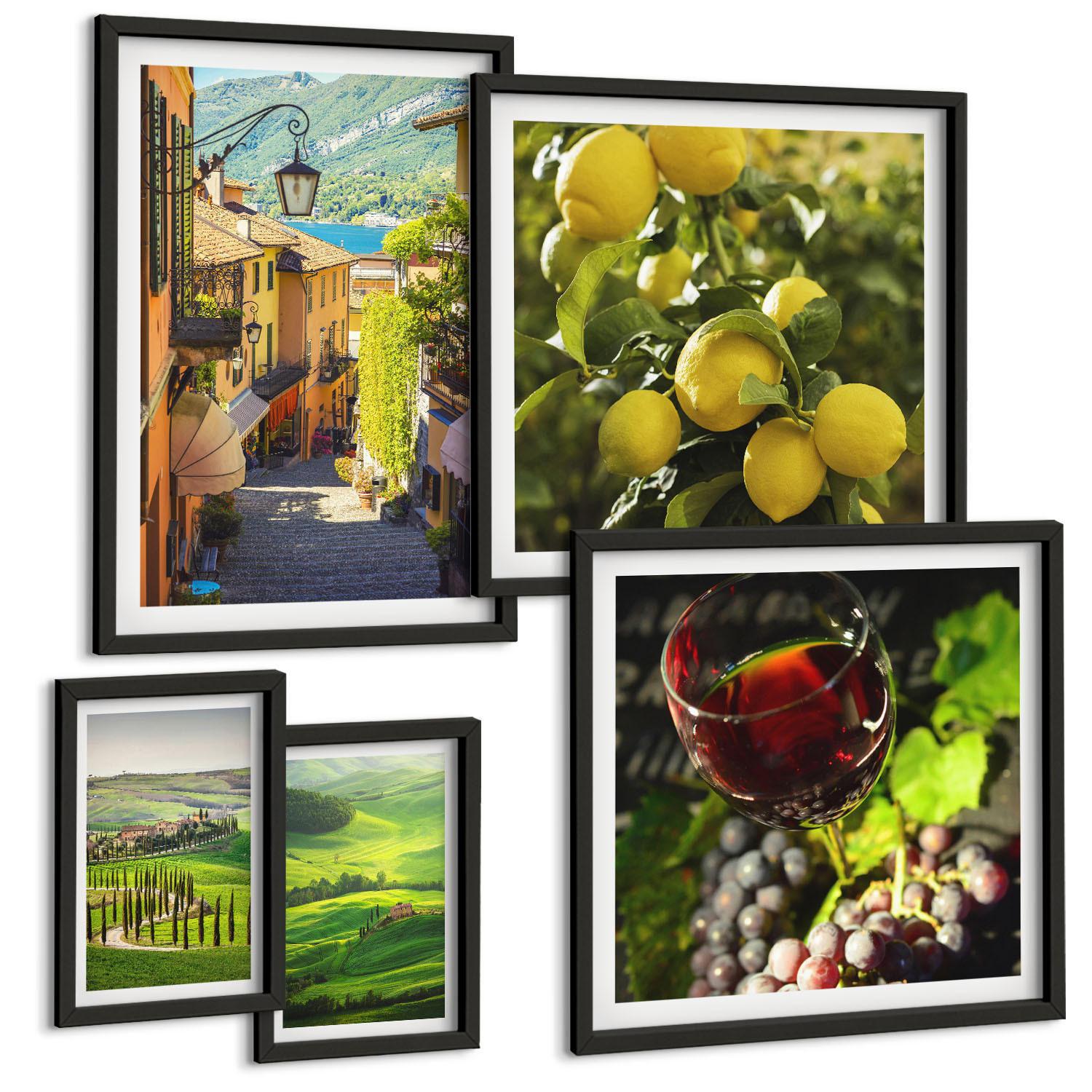 BILDER SET 5er Set - 50x50 cm & 20x30 cm & 40x60 cm Schwarzer Rahmen - Italienische Landschaften, Zitrushügel - Schwarz, Kunststoff (40/60cm) - TULUP