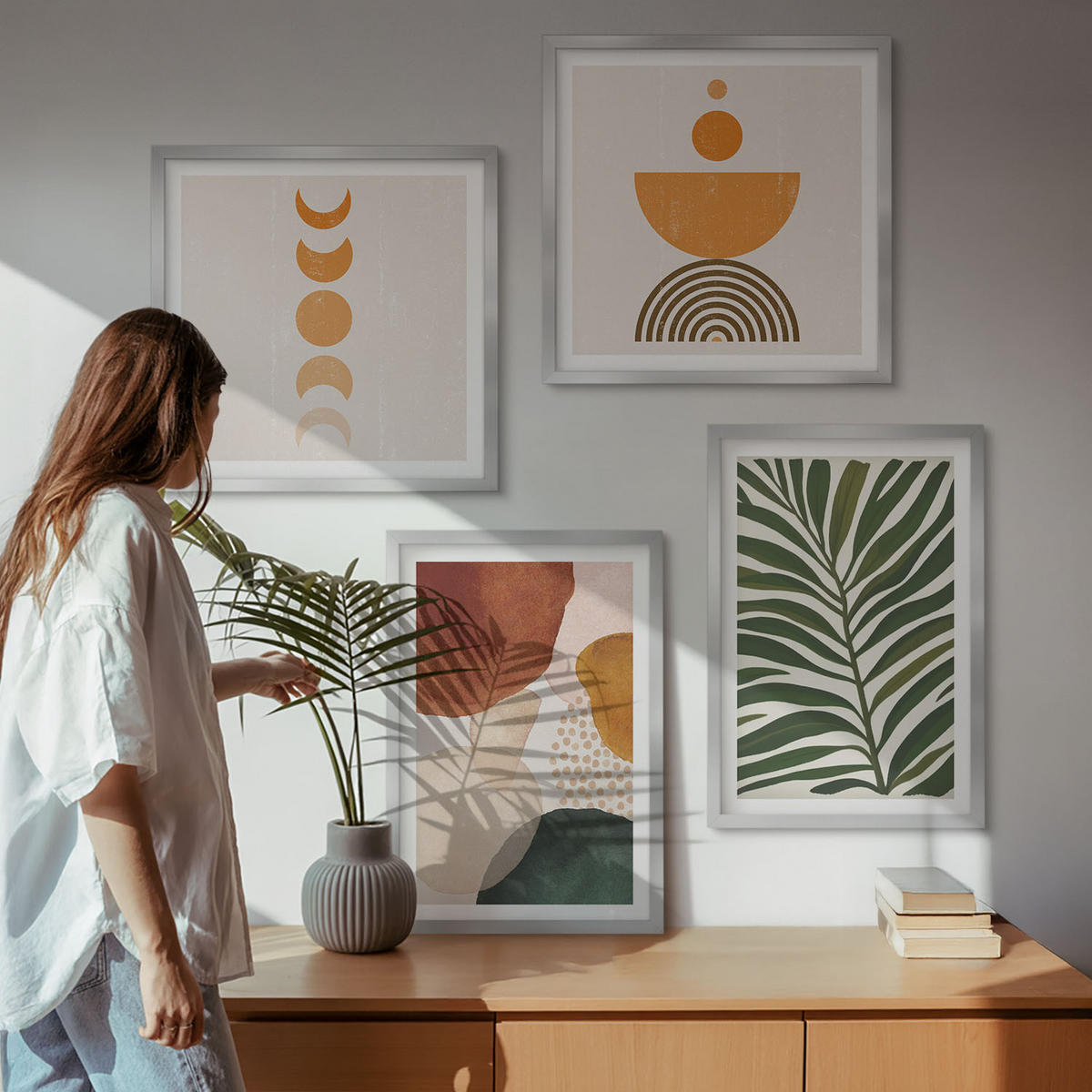 BILDER SET 4er Set - 50x50 cm & 40x60 cm Silberner Rahmen - Abstrakte Blattformen - Silberfarben, Kunststoff (50/50cm) - TULUP
