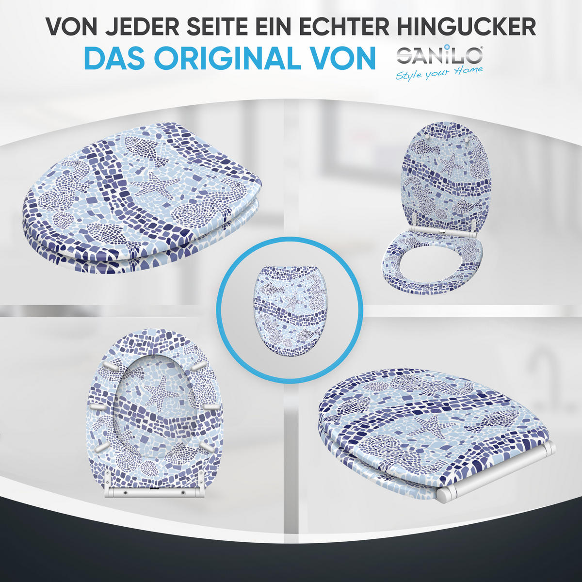 WC-SITZ mit Absenkautomatik & Top Fix Mosaic World - Blau, Holzwerkstoff (37.7/5.5/48cm) - Sanilo