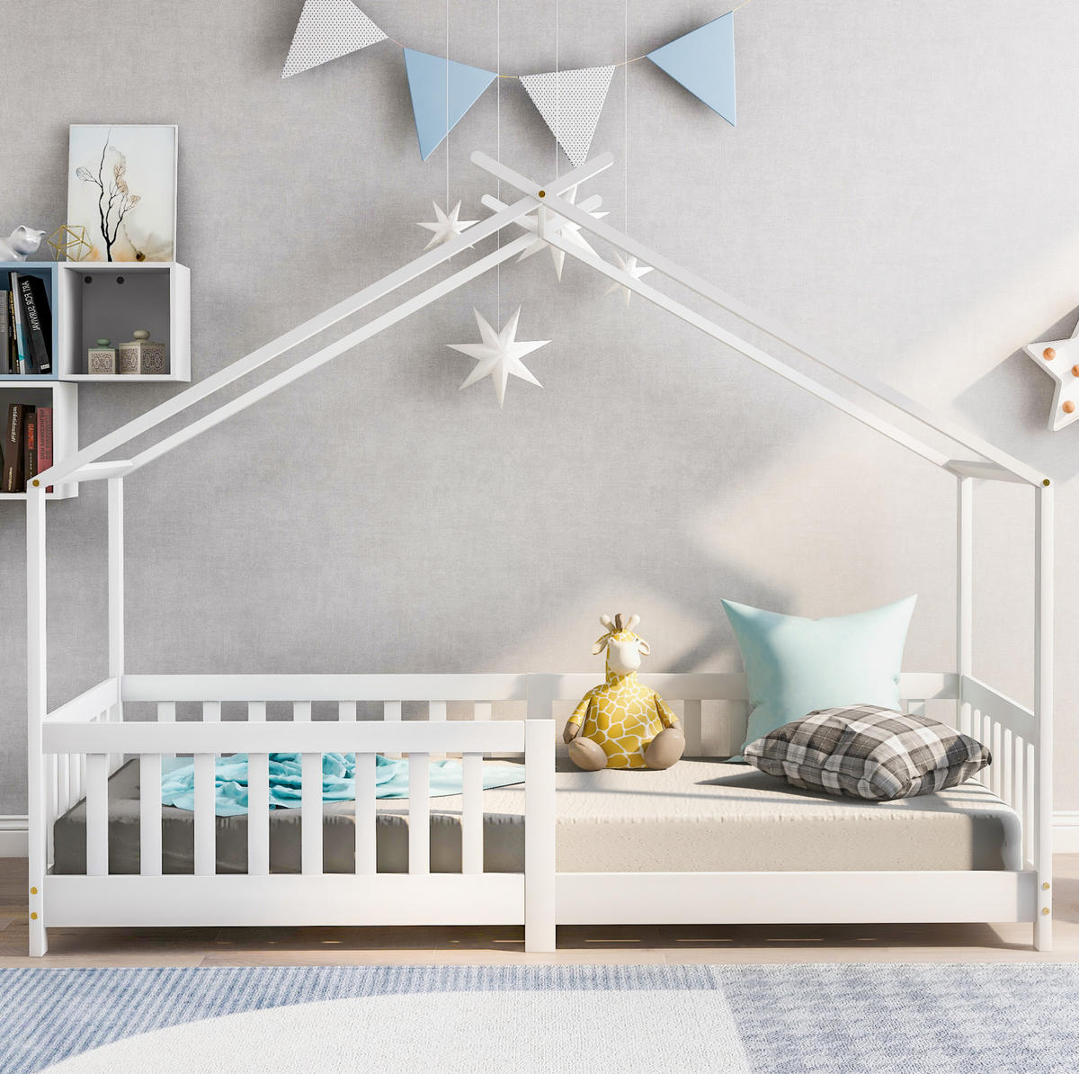 KINDERBETT 90/200 cm weiß aus Kiefernholz mit Schutzzaun - Weiß, Holzwerkstoff (90/200cm) - OKWISH