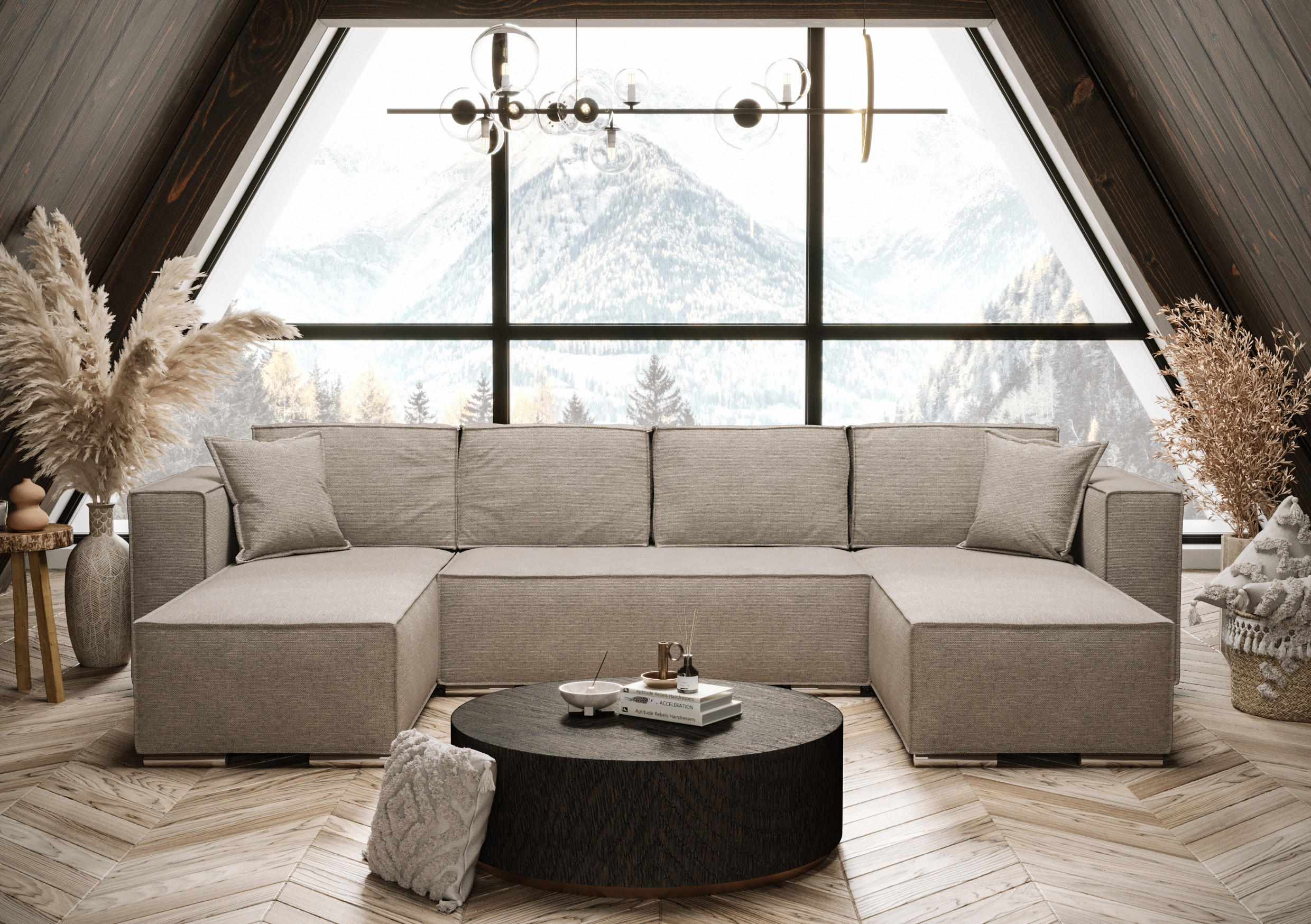 WOHNLANDSCHAFT Vinoria Beige 327/180/82 cm mit Schlaffunktion - Chromfarben/Beige, Textil/Metall (327/82/180cm) - AX Living