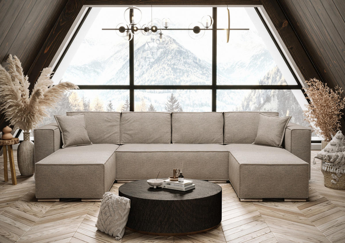 WOHNLANDSCHAFT Vinoria Beige 327/180/82 cm mit Schlaffunktion - Chromfarben/Beige, Textil/Metall (327/82/180cm) - AX Living