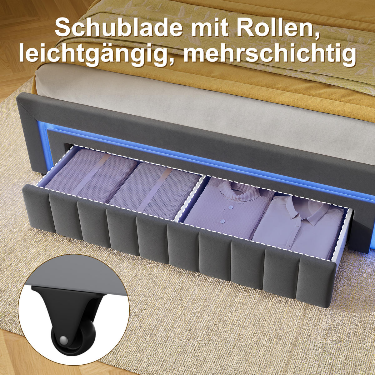 POLSTERBETT 160/200 cm in Grau, mit Bettkasten und Schubladen , mit LED, ohne Matratze - Grau, Holzwerkstoff/Textil (160/200cm) - WISHDOR