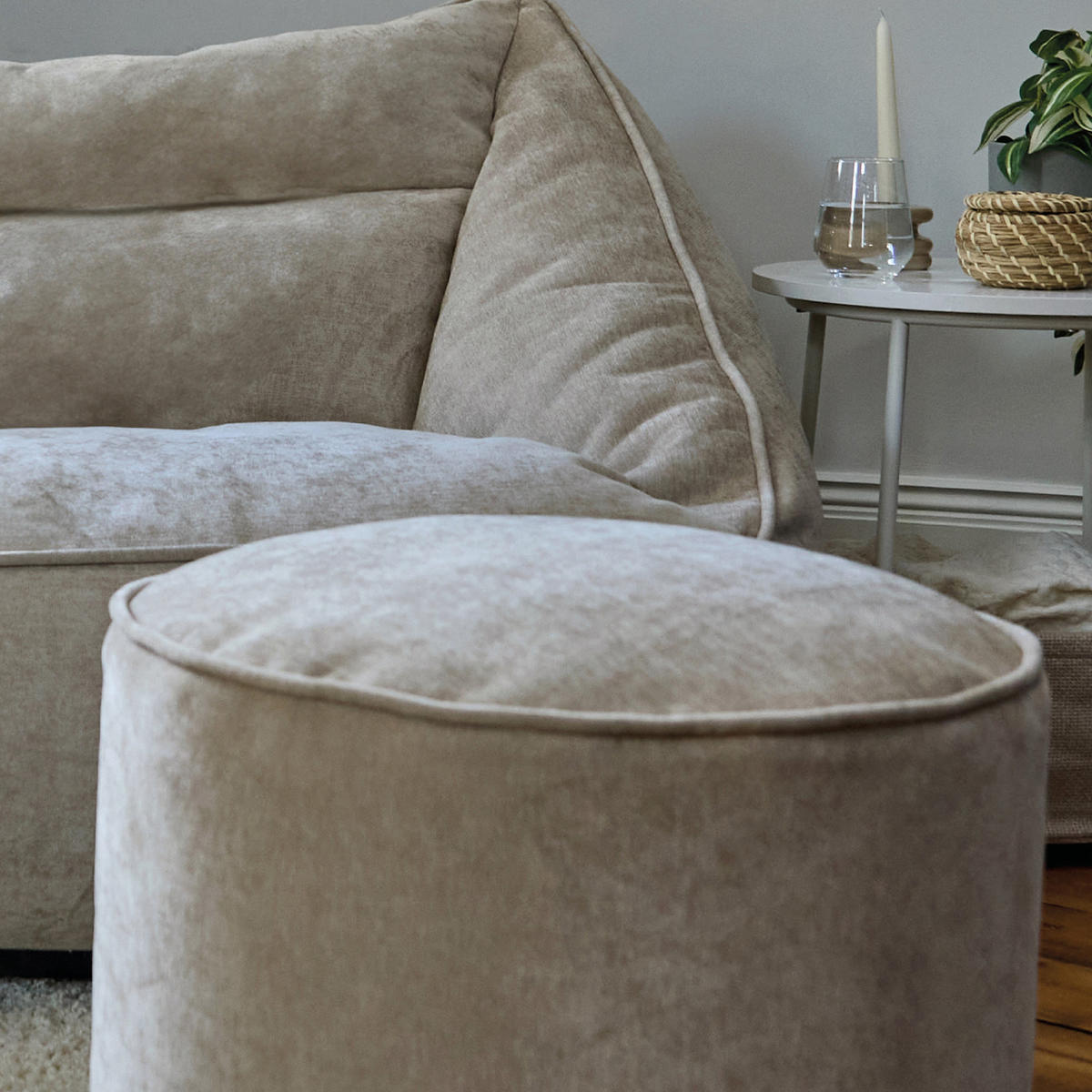 SITZSACK Chenille-Sofa icon Cecilia und Fußhocker-Sitzsack Milano im 2-teiligen Set, naturfarben - Beige, Kunststoff/Textil (160/70/93cm) - icon