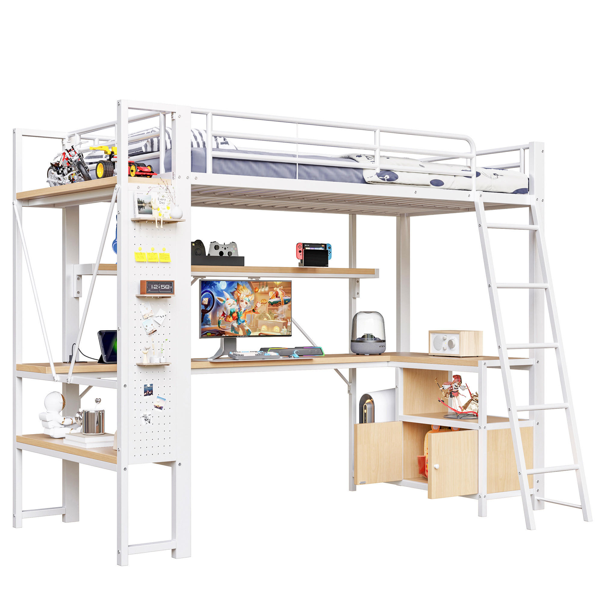 HOCHBETT 90/200 cm in Weiß mit Schreibtisch, LED-Beleuchtung und Stauraum - Weiß, Metall (90/200cm) - Flora Grace