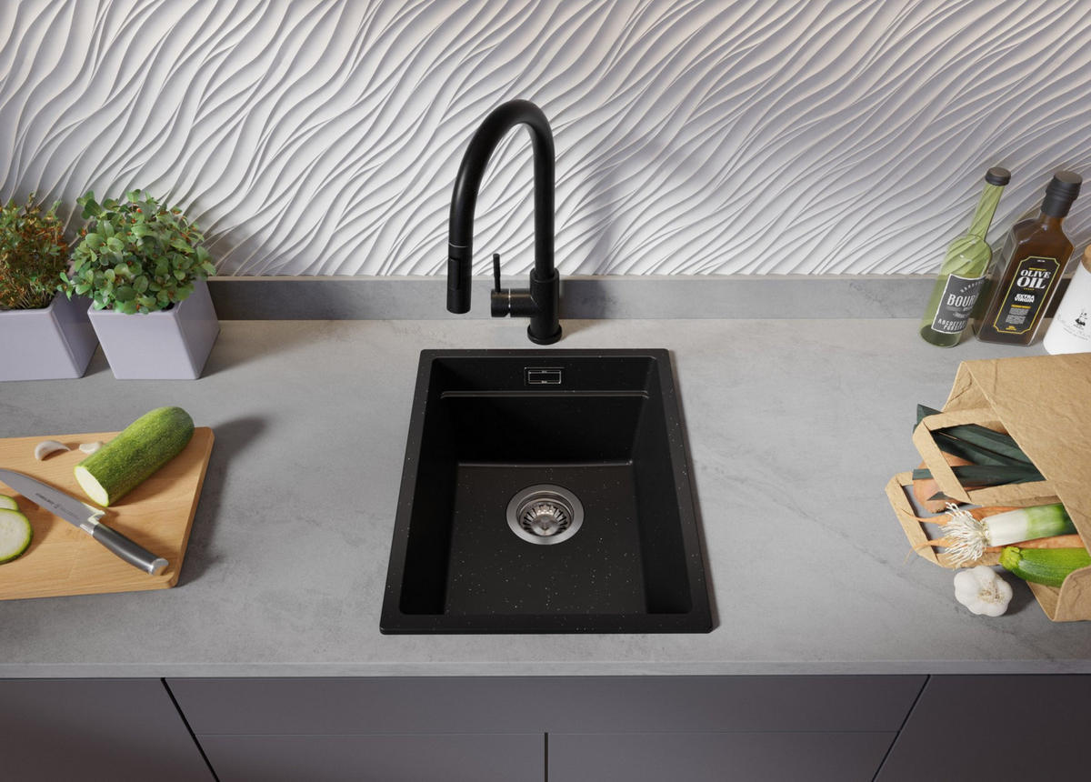 SPÜLBECKEN Praga Slim, 2-er set Schwarz Metallic 36/47 cm 1 Becken + Ablauf-Set + Aufrollbare Abtropffläche ab 40er Unterschrank - Chromfarben/Schwarz Hochglanz, Kunststoff (36/20/47cm) - Primagran