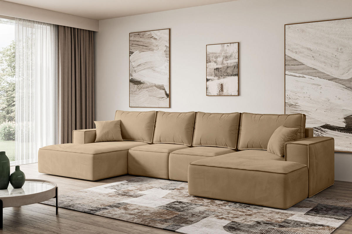 WOHNLANDSCHAFT mit Schlaffunktion und Bettkasten SIERRA-U-S - 349x161x87 cm Beige Velours - Beige/Schwarz, Holzwerkstoff/Kunststoff (349/87/161cm) - ALTDECOR