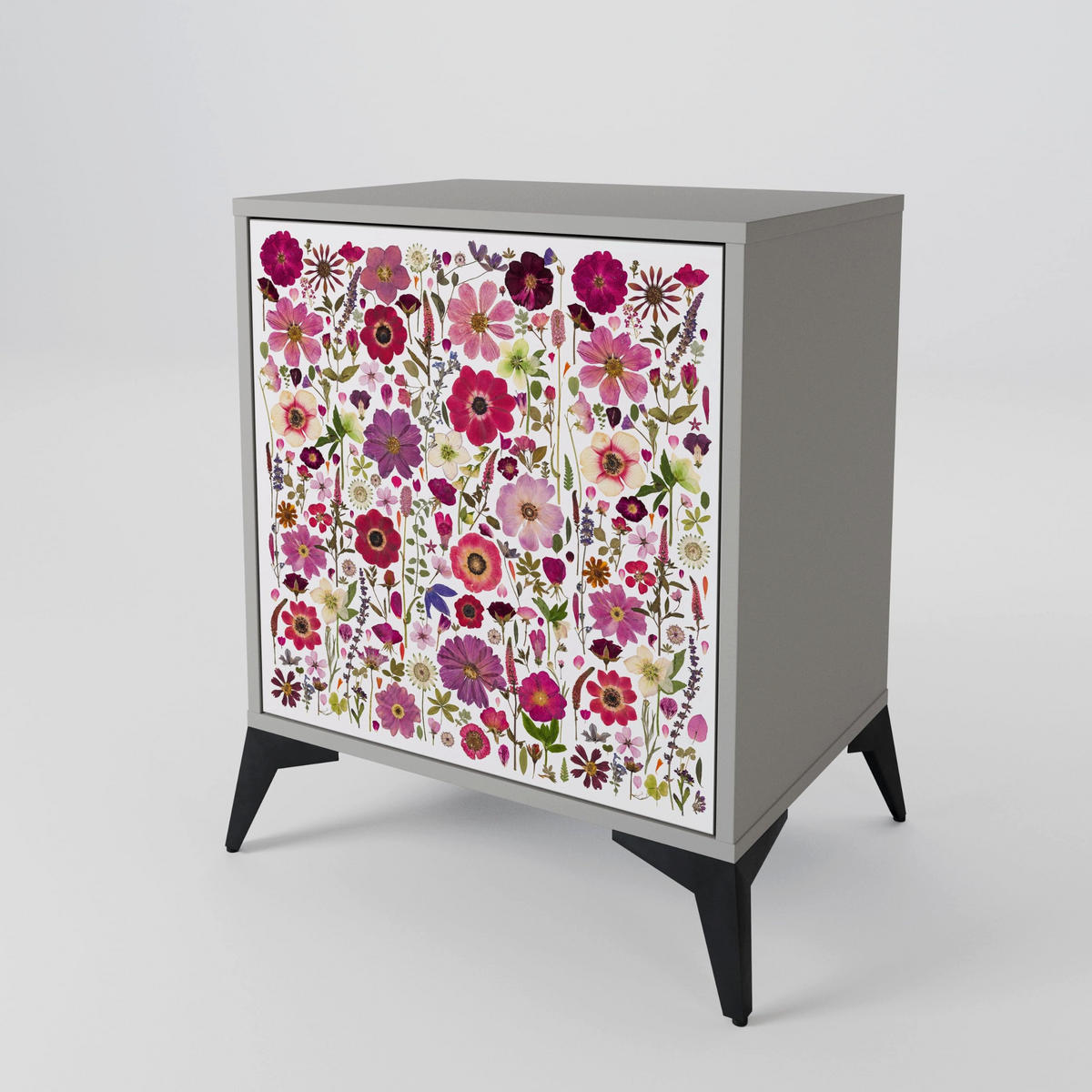 SIDEBOARD PETAL GARDEN, Grau, 57,5x42x77,5 cm, Schräge Buchenholzfüße - Buchefarben/Multicolor, Holzwerkstoff/Buchenholz (57.5/77.5/42cm) - SpaceRebels