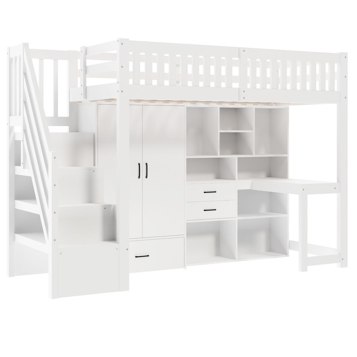 HOCHBETT aus Kiefer 90x200 cm Weiß mit Schreibtisch, Kleiderschrank, Schubladen und Stauraumleiter - Weiß, Holzwerkstoff (90/200cm) - Modfu