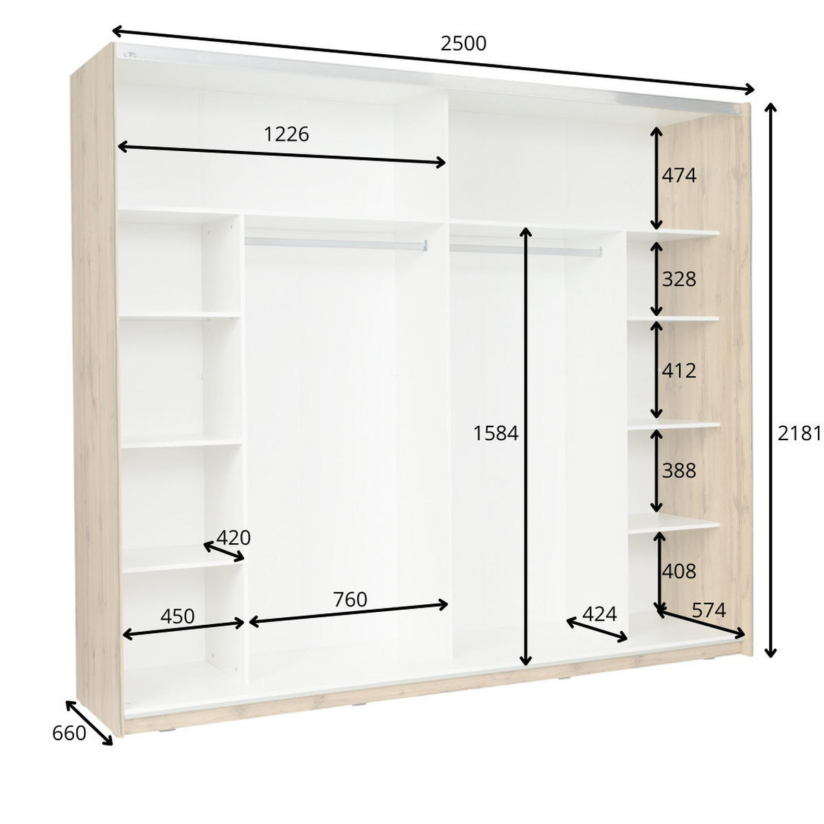 SCHIEBETÜRENSCHRANK WELORA - 250×218,1×66 cm 2 Türen Weiß Hochglanz / Wotan Eiche - Eichefarben/Weiß, Holzwerkstoff (250/218.1/66cm) - Milaros Markt