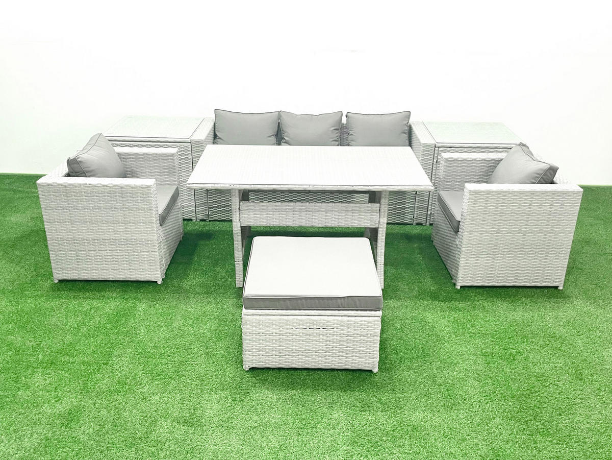 GARTENMÖBEL SET mit Sofa,2 Beistelltischen Polyrattan Hellgrau 6-Sitzer - Hellgrau/Grau, Glas/Kunststoff - Fimous