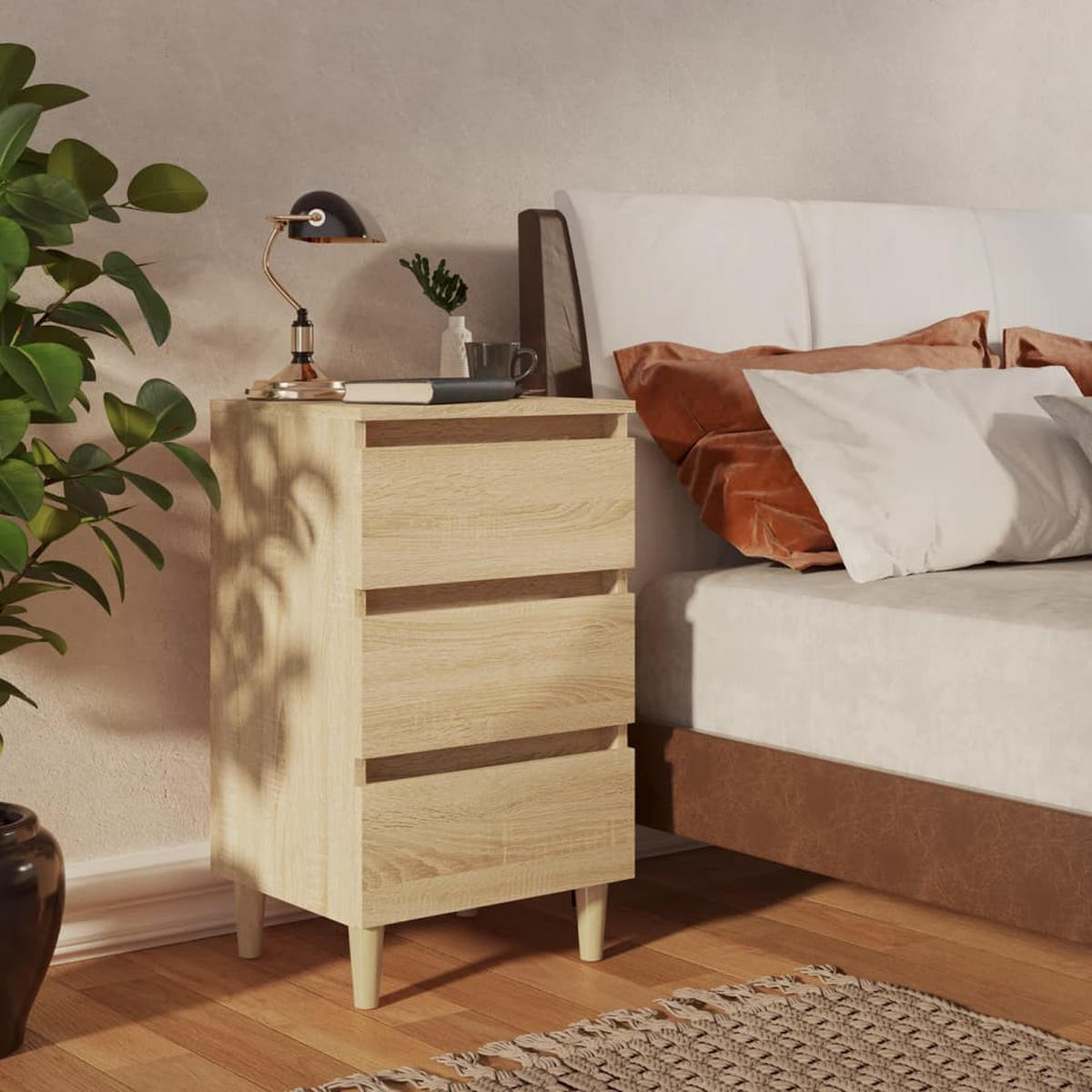 NACHTTISCH mit Massivholz-Beinen 40/35/69 cm in Sonoma-Eiche Dekor - Beige/Braun, Holz (40/69/35cm) - vidaXL