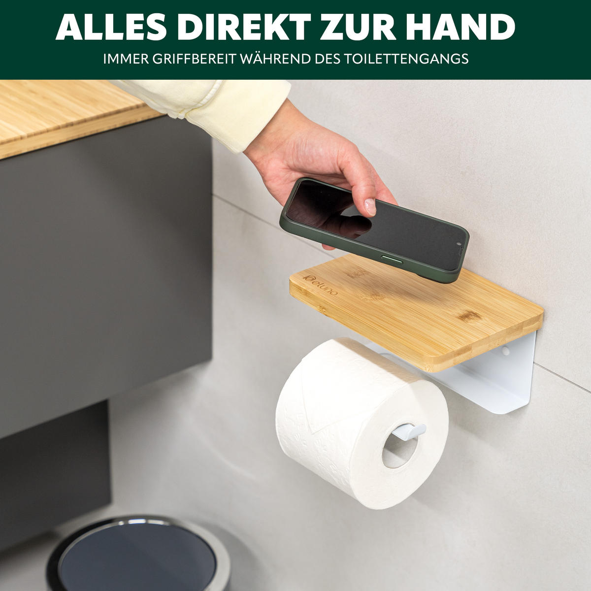 TOILETTENPAPIERHALTER VARAZ mit Ablage, Metall und Bambus - Weiß, Metall (18/9.5/13cm) - eluno