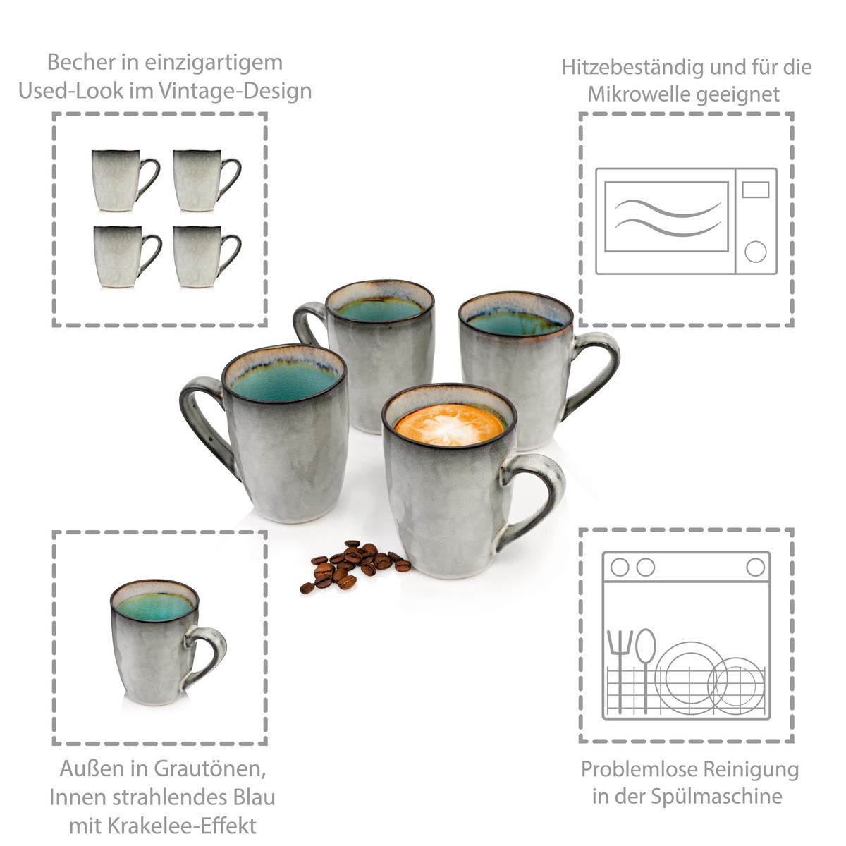 KAFFEEBECHER SET CAPRI - 4 teilig aus Steingut - Blau, Stein (0.35L) - Sänger