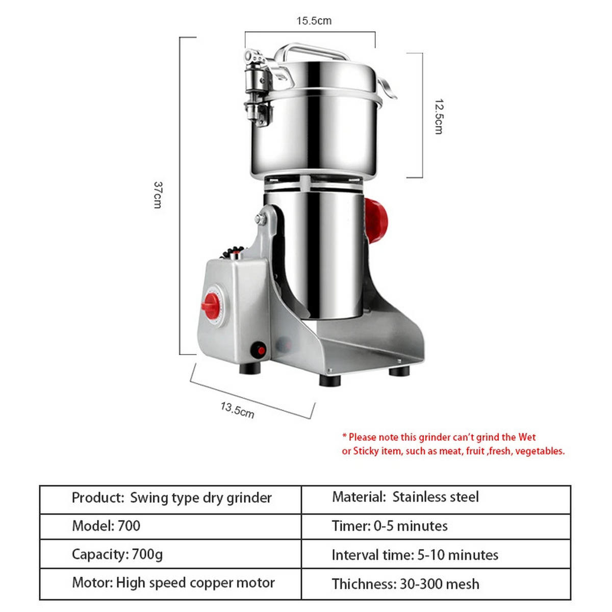 KAFFEEMÜHLE 700g Gewürze Kräuter Getreide Mahlmaschine - Silberfarben, Metall (13.5/37/15.5cm) - Bextcok