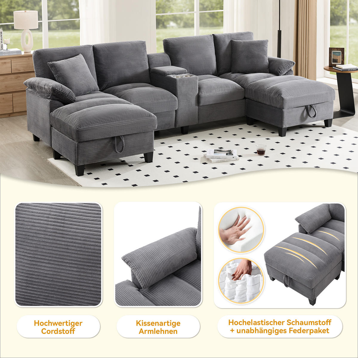 WOHNLANDSCHAFT U-Form Cord mit Stauraum und USB-Anschluss 293/142/93 cm Grau - Grau, Kunststoff/Textil (93/293/142cm) - Redom