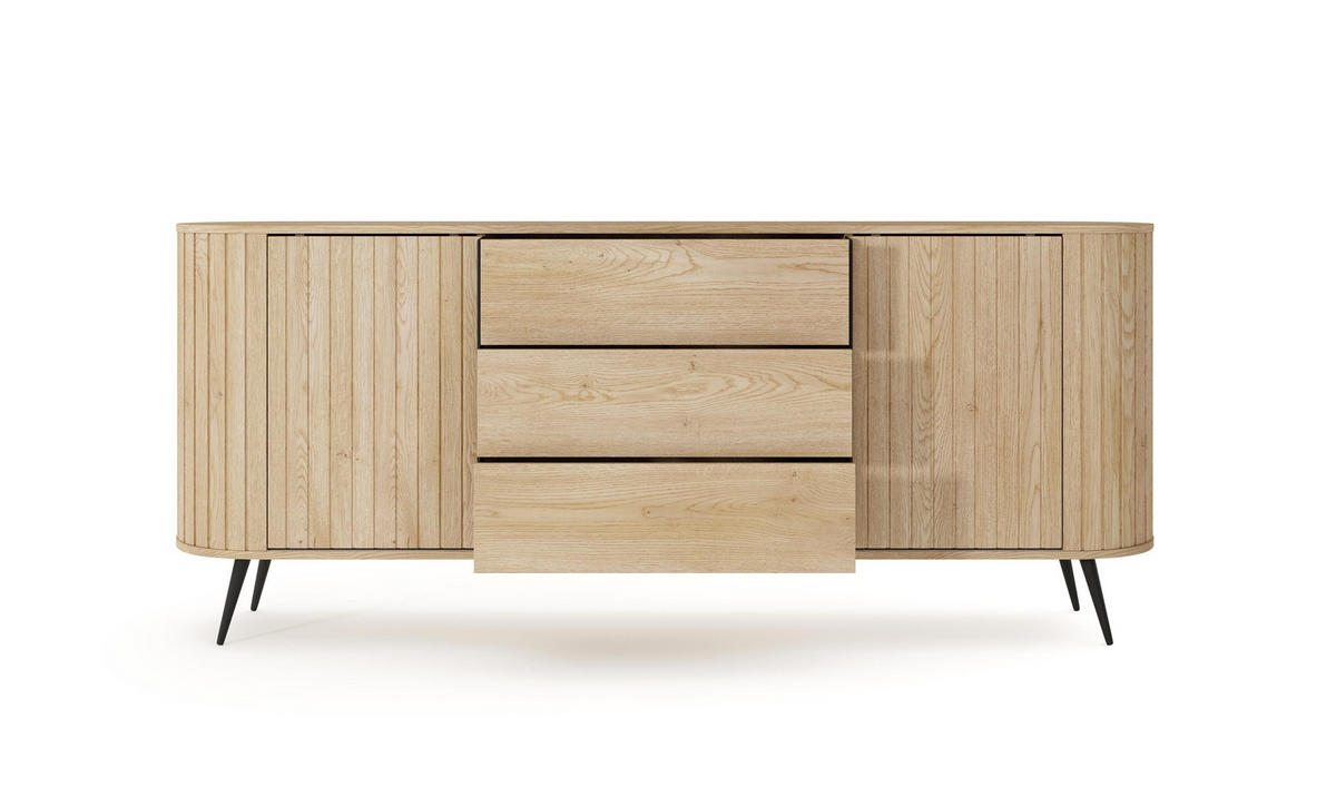 KOMMODE Rivo Eiche Cremona, mit Schubladen und Schiebetüren, geriffelten Fronten - Eichefarben/Schwarz, Holzwerkstoff/Metall (196/82/40cm) - Bettso