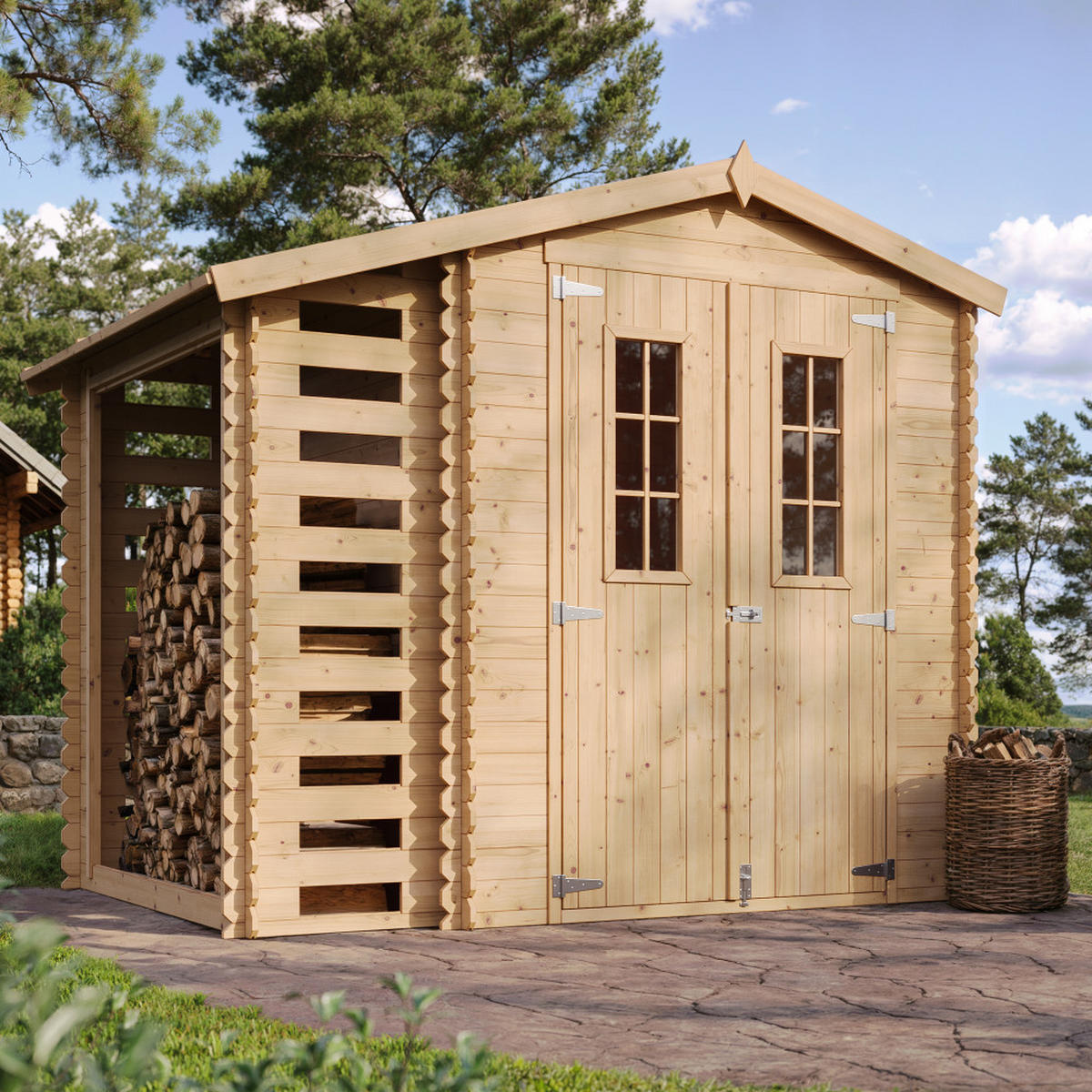 GARTENHAUS HOLZ Mit Brennholzschuppen M386C+M386G - mit imprägniertem Boden - 3,53 + 0,97 m2 - Beige, Holz (272/218/206cm) - Timbela