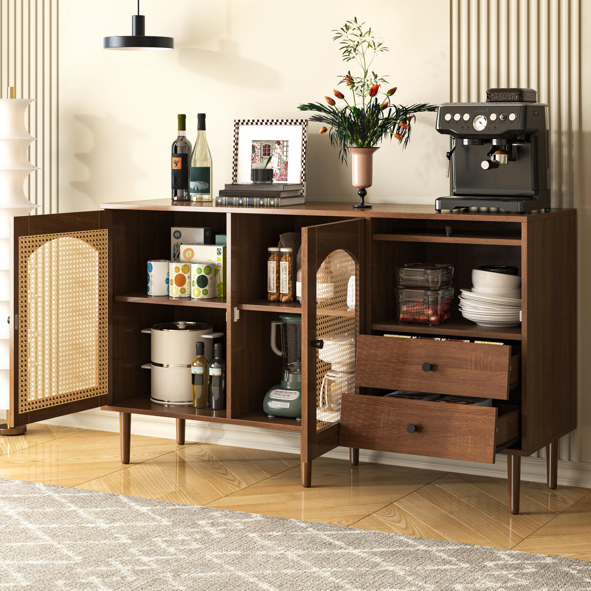 SIDEBOARD mit Rattantüren und verstellbaren Einlegeböden 130/40/75.5 cm - Eichefarben, Holzwerkstoff (130/75.5/40cm) - Redom
