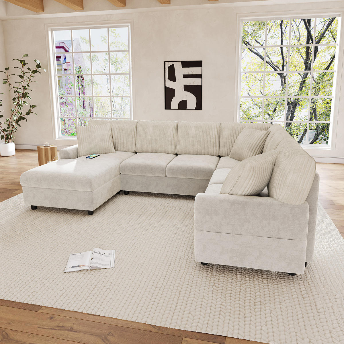 WOHNLANDSCHAFT mit U-Form, Chaise longue, USB und Type-C in Beige - Beige, Textil (249/83/196cm) - EVRYAE