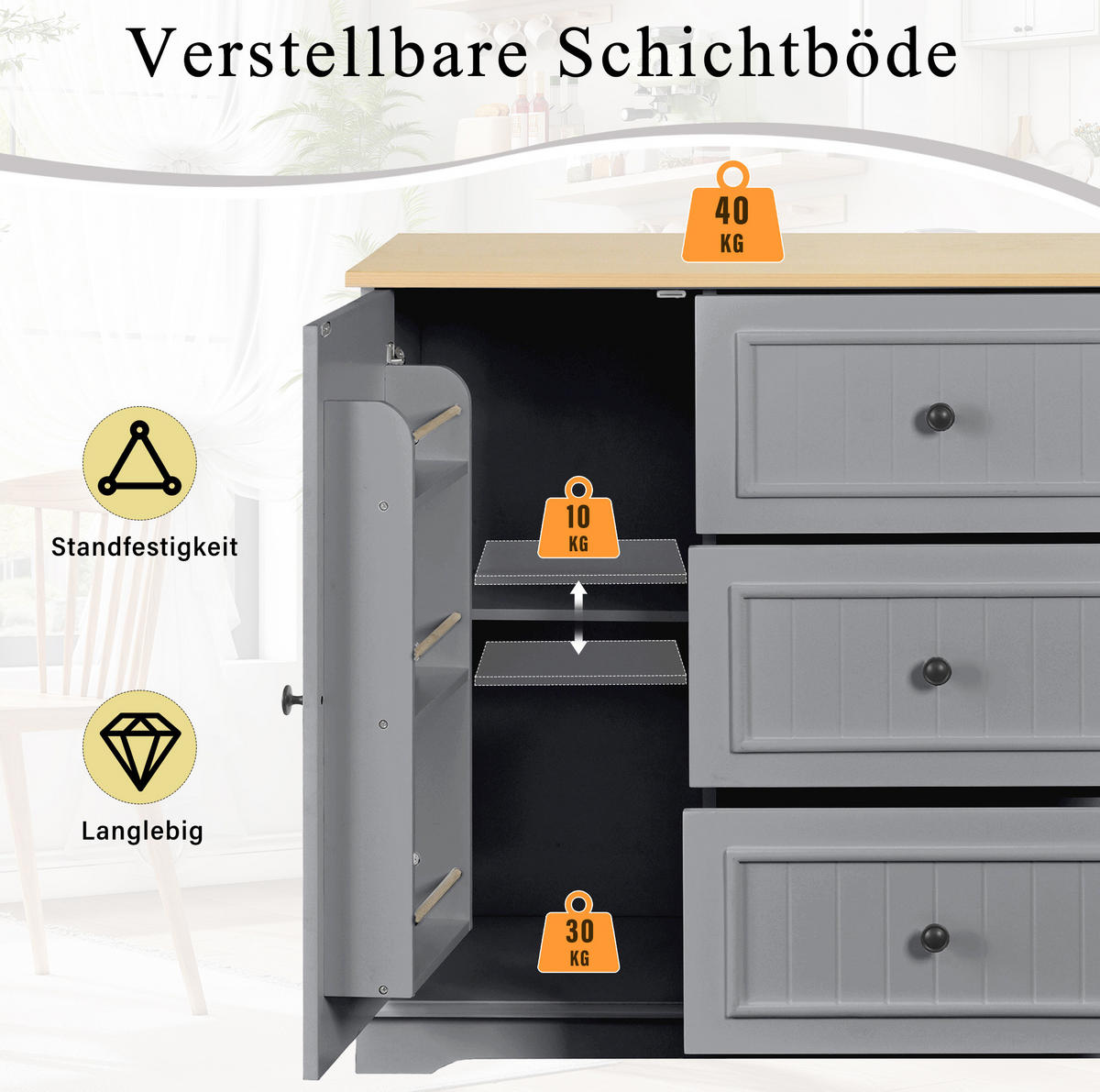 SIDEBOARD 126/40/86 cm grau aus MDF mit Schubladen und Türen - Grau, Holzwerkstoff (40/86/126cm) - OKWISH