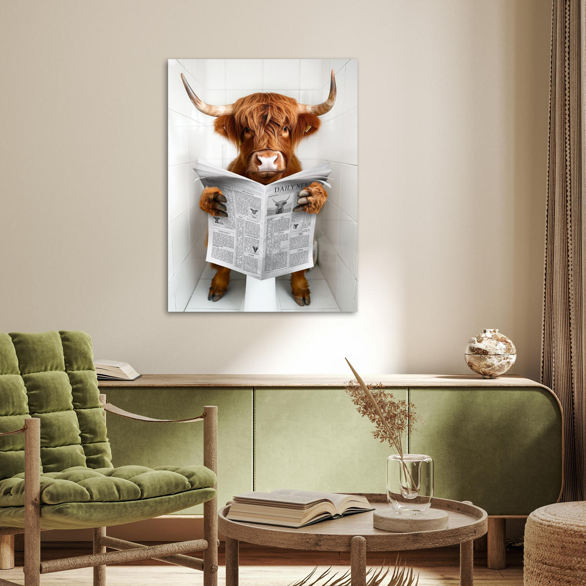 POSTER Schottisches Hochlandrind - Tier - Zeitung - Toilette 60x80 cm - Kastanienfarben, Papier (60/80/0.1cm) - MuchoWow