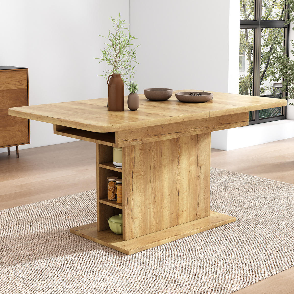 ESSTISCH 130/70/75 cm natur aus Spanplatte mit ausziehbarer Tischplatte und Stauraum - Naturfarben, Holzwerkstoff (130/70/75cm) - OKWISH