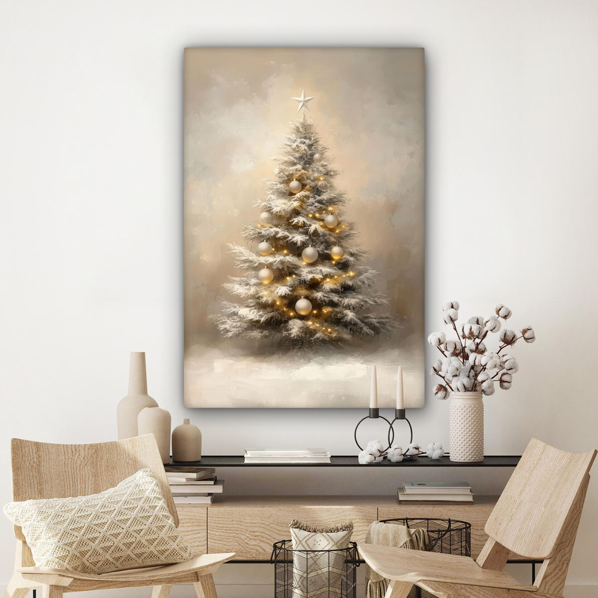 LEINWANDBILD Weihnachten - Weihnachtsbaum - Schnee - Kunst Deko XXL 80x120 cm - Champagner, Textil (80/120cm) - MuchoWow