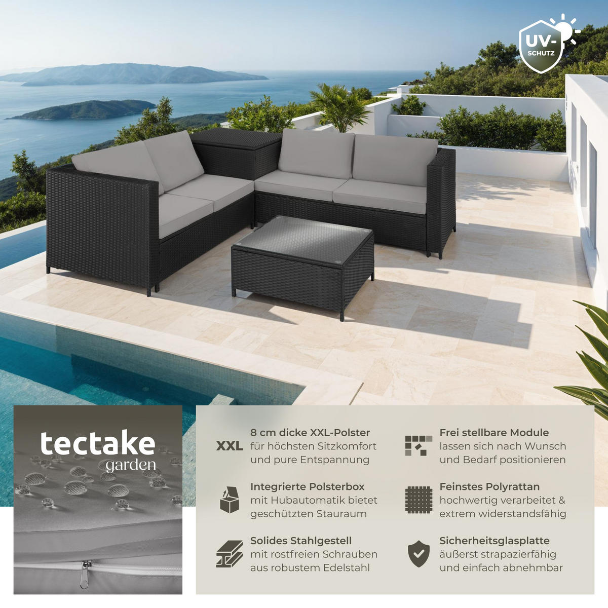 RATTANLOUNGE Siena,mit Sicherheitsglasplatte,schwarz/grau - Schwarz/Grau, Kunststoff - tectake
