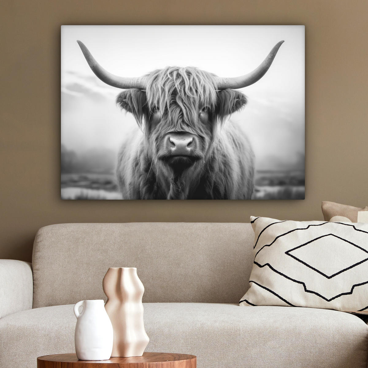 LEINWANDBILD - Schottischer Highlander - Nebel - Schwarz - Weiß - 80x60 - Malerei - Grau, Textil (80/60cm) - MuchoWow