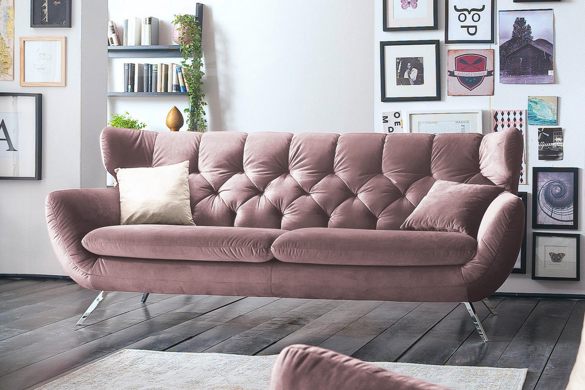 SOFA CHARME Grau Velvet - Silberfarben/Altrosa, Textil/Metall (175/94/95cm) - KAWOLA