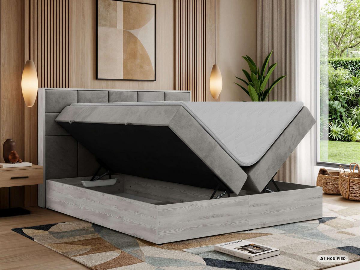 BOXSPRINGOVÁ POSTEĽ ALNOR 200/200 Svetlosivá Samet - Topper Visco - H3 (stredne tvrdý) - čierna/svetlosivá, textil/plast (200/200cm) - MKS