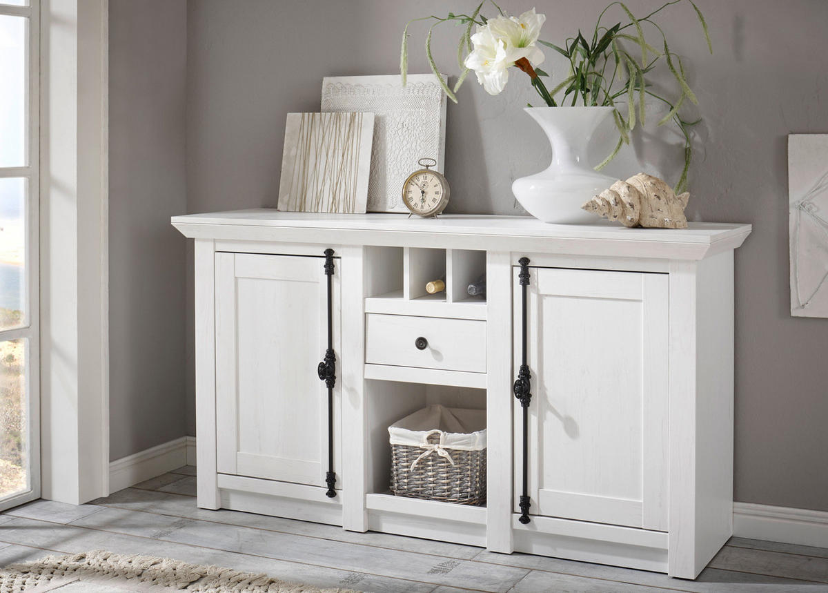 SIDEBOARD weiß Pinie Landhaus, Kommode mit Weinregal 152 x 83 cm - Anthrazit/Weiß, Holzwerkstoff/Metall (152/83/45cm) - Furn.Design