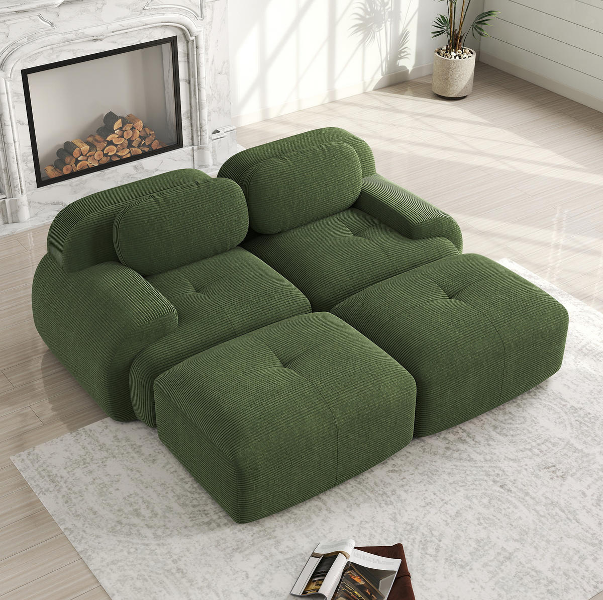 2-SITZER-SOFA aus Cord Grün modular, rahmenlos mit ergonomischen Armlehnen und rutschfester Unterseite - Grün, Textil (208/75/178cm) - Modfu