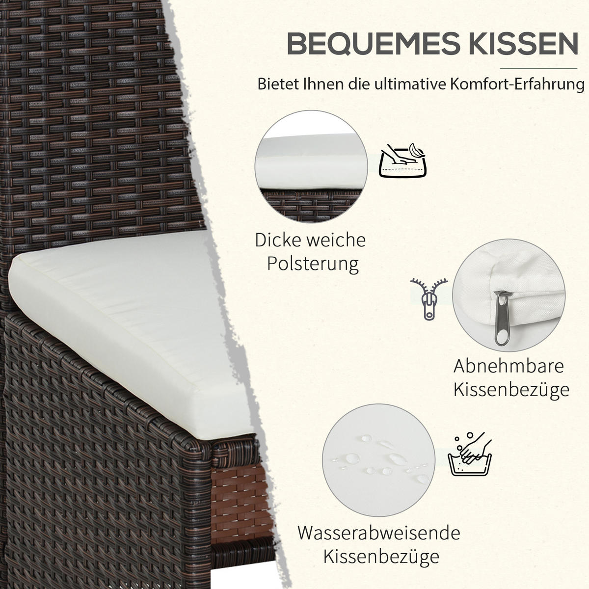 GARTENMÖBEL Set, Stahl, PE Braun+Khaki - Braun, Metall - Outsunny