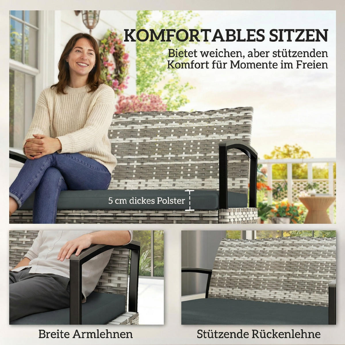 GARTENBANK DE-06767 2-Sitzer mit Kissen Dunkelgrau - Dunkelgrau, Kunststoff/Metall (123/82/70cm) - ComfortXL