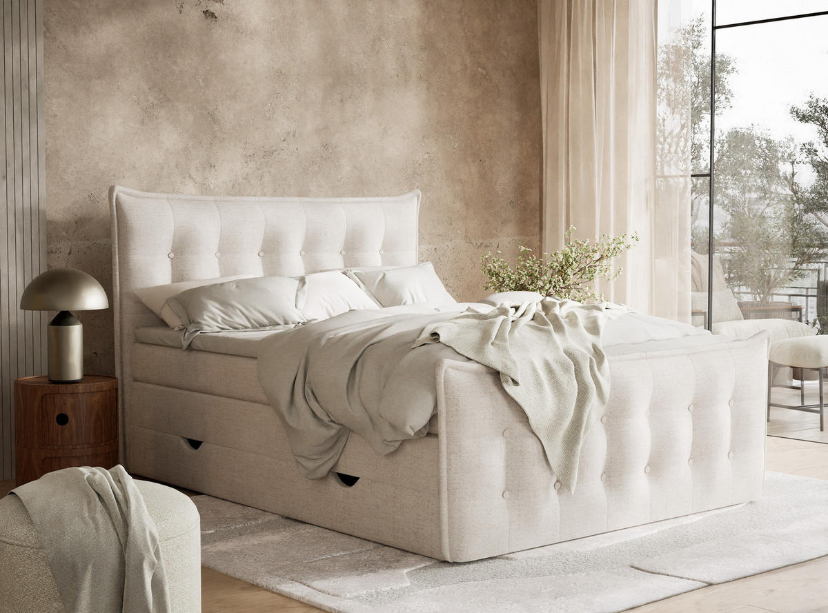 BOXSPRINGBETT Fatu 200/200 cm, in Beige, Bettkasten, Matratze, Topper - Beige/Schwarz, Holz/Holzwerkstoff (200/200cm) - Maison de Reve