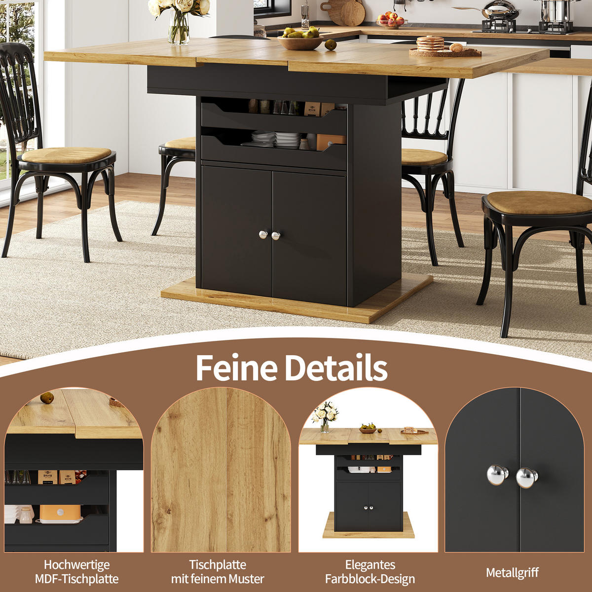 AUSZIEHTISCH Schwarz 110-140/80/76 cm - Schwarz, Holz (80/110/76cm) - PANGIVO