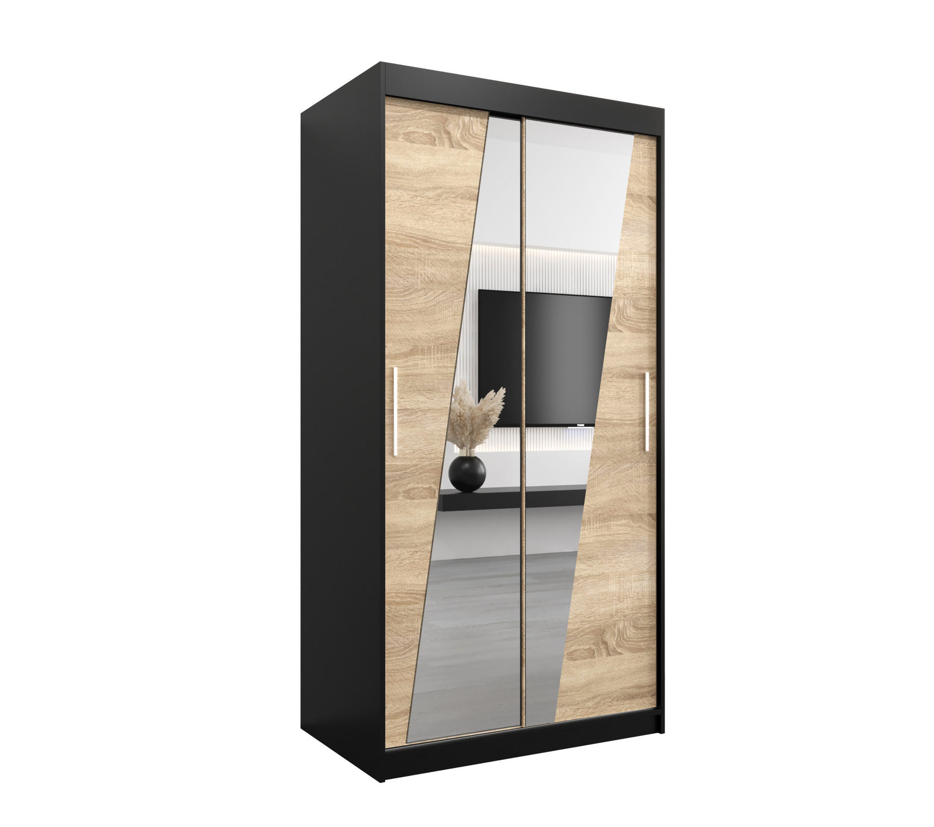 Abiks Möbel Schwebetürenschrank Schwarz, Sonoma Eiche 100x200x62 cm