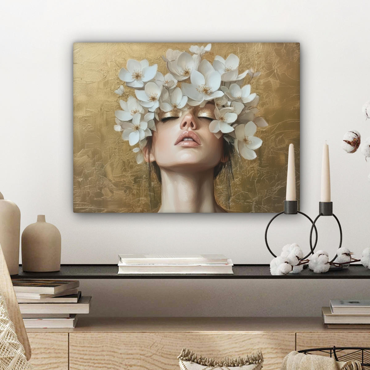 LEINWANDBILD Gesicht - Blumen - Gold - Abstrakt Wandbild 40x30 cm - Goldfarben, Textil (40/30cm) - MuchoWow