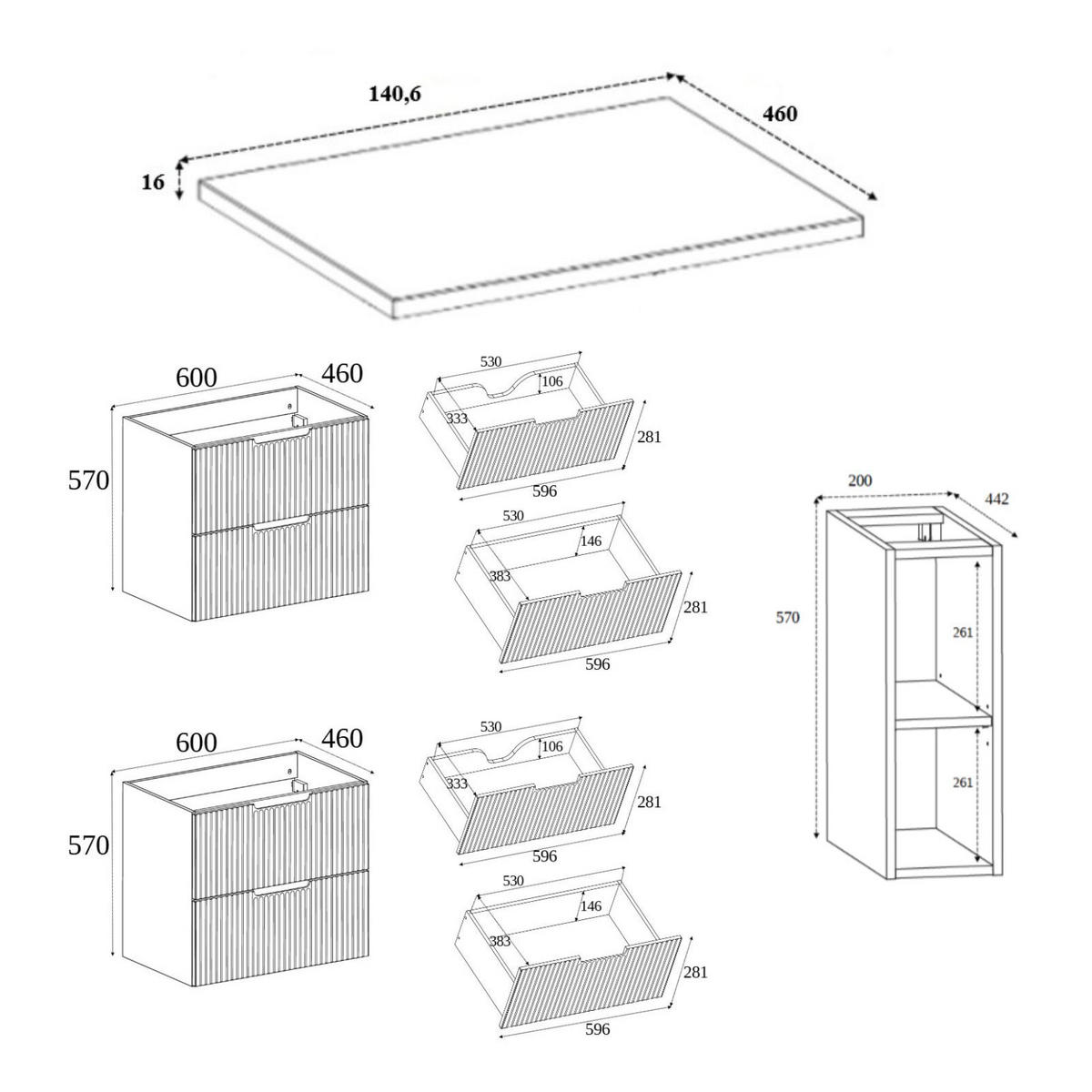 BADEZIMMERSCHRANK : Eiche Craft / Weiß, 140 (2 x 60 + 20) x 58,6 x 46 cm - Braun/Weiß, Holzwerkstoff (140/58.6/46cm) - 3XE LIVING