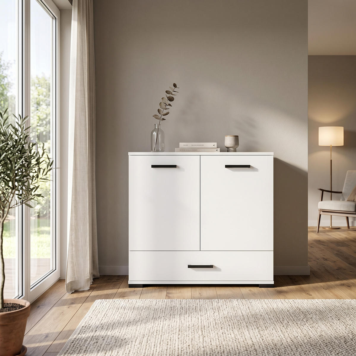 KOMMODE ALBANO 90/83/40cm mit 1 Schubladen 2 Türen Weiß - Weiß, Holzwerkstoff (90/83/40cm) - MASSENO