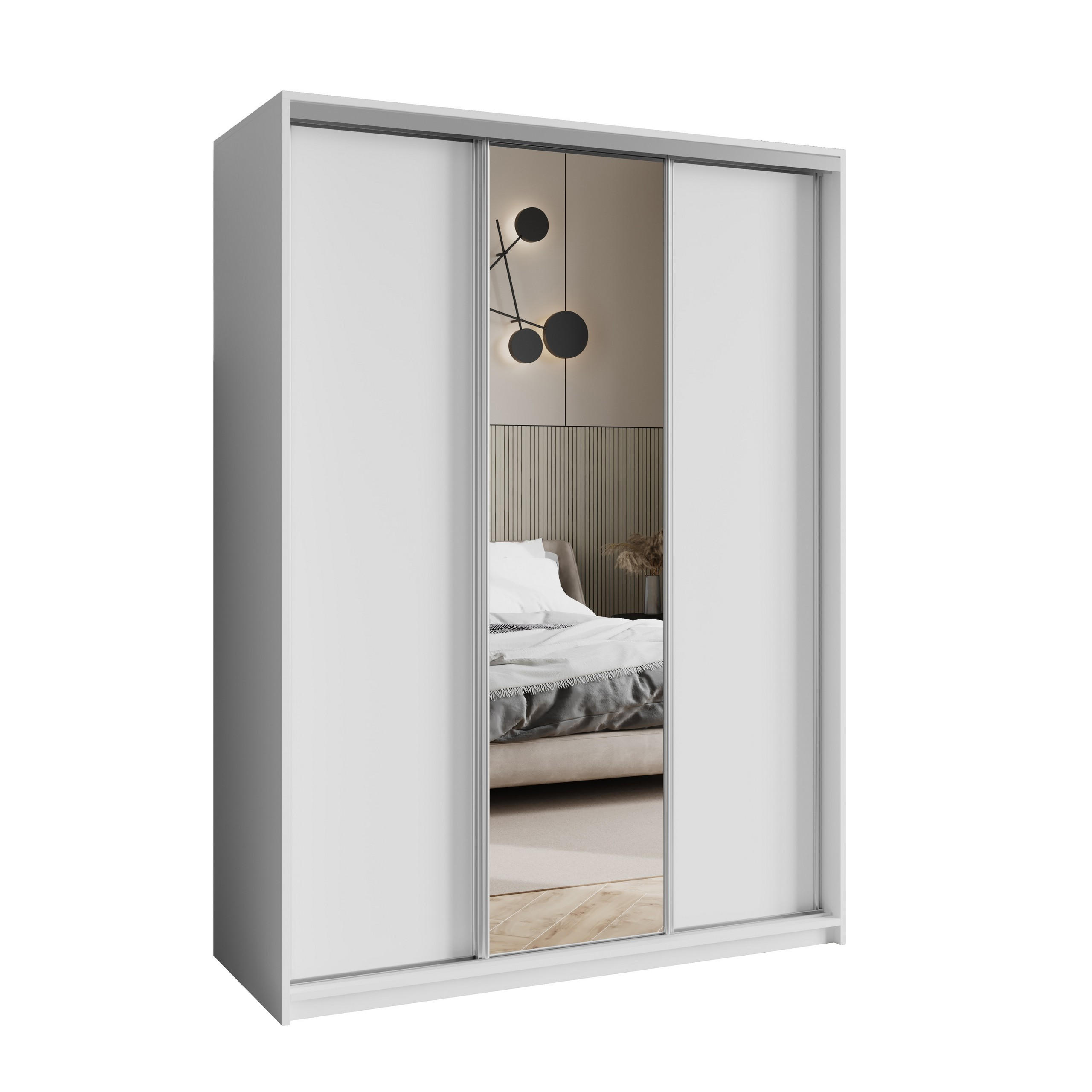 SCHWEBETÜRENSCHRANK TAVI 150/205/60 cm 3-türig mit Spiegel Weiß - Weiß, Holzwerkstoff (150/205/60cm) - MASSENO
