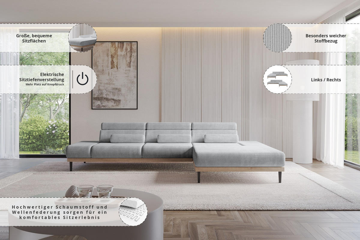 ELEKTRISCHES ECKSOFA Rechts MONA 316x205x85 Grau Cord - Schieferfarben/Grau, Holzwerkstoff/Textil (316/205cm) - ALTDECOR