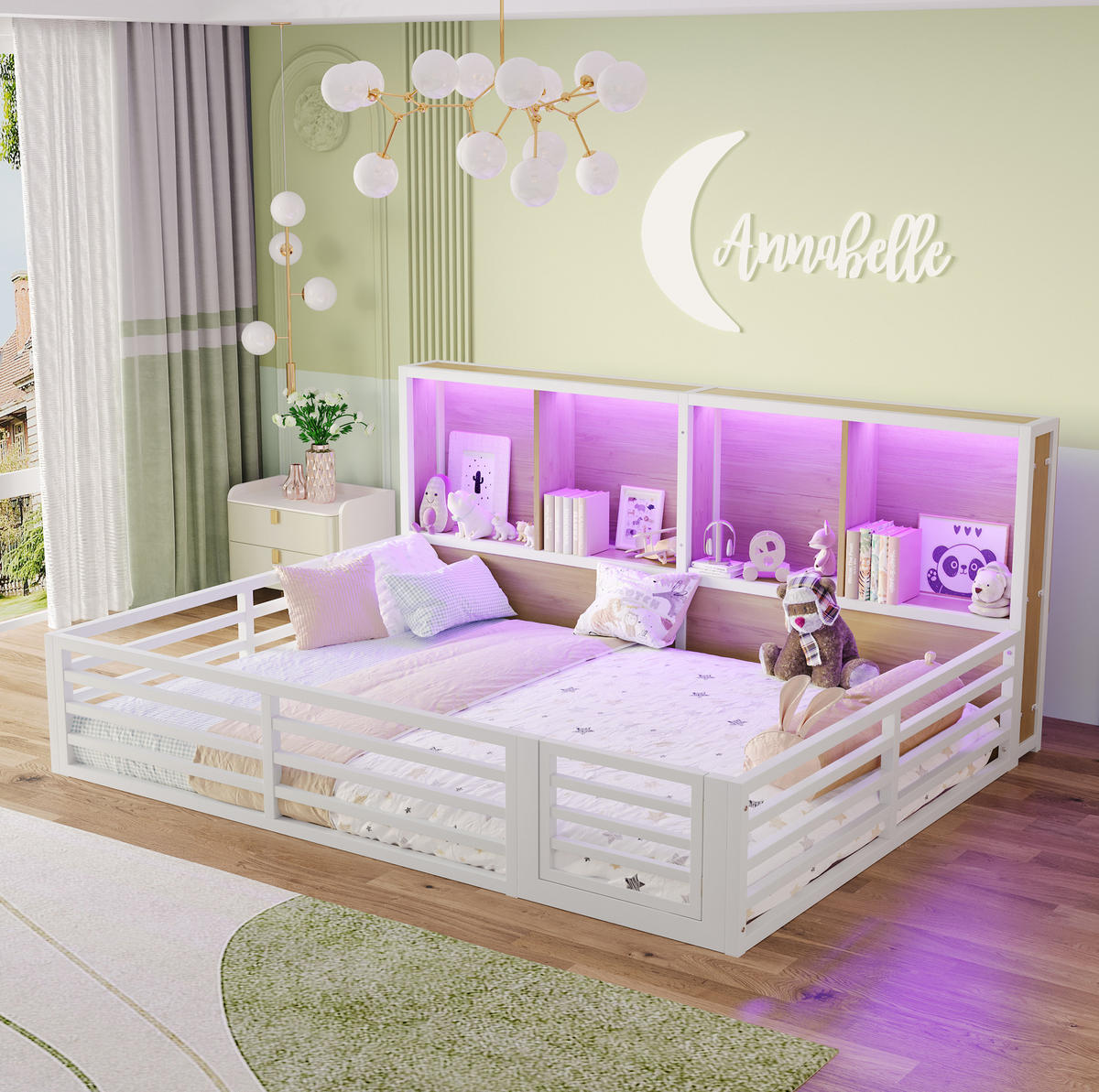 ZAUNBETT 140/200 cm weiß aus Metall und MDF mit Lattenrost, Stauraum und LED-Beleuchtung - Weiß, Metall (140/200cm) - OKMYHOME